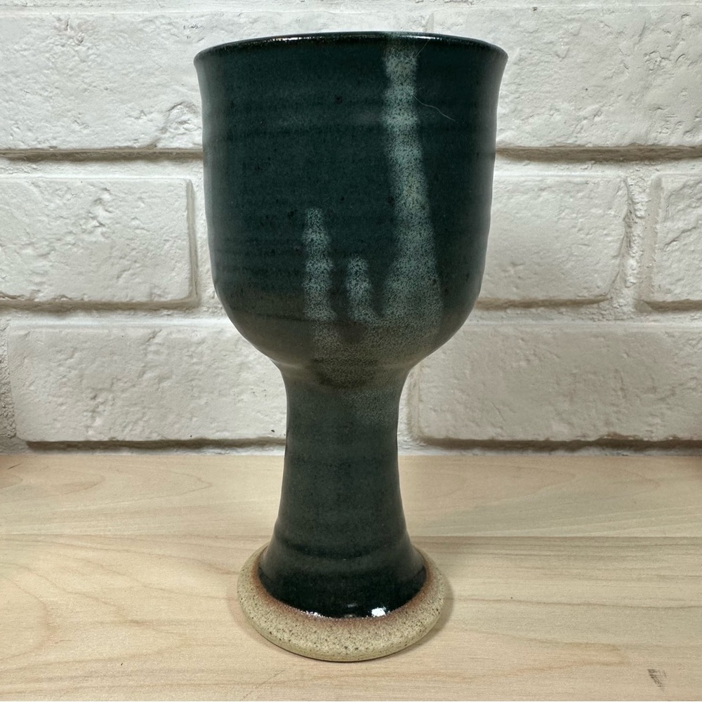 Gothic-feel Artisan Stoneware Pottery Goblet in Dark Green